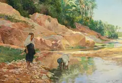 Eugène Girardet, Deux enfants au bord de l'eau, huile sur toile