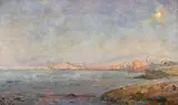 Olga Slom, Paysage lacustre au crépuscule, huile sur toile