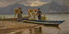 Fritz Raupp, Femmes peignant au bord de l'eau, huile sur panneau