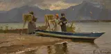 Fritz Raupp, Femmes peignant au bord de l'eau, huile sur panneau