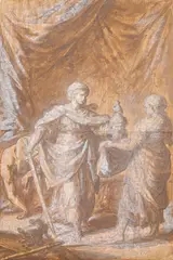 Étienne Parrocel, Judith remettant la tête d'Holopherne à une servante, sanguine, pinceau et lavis brun, rehauts de blanc sur papier préparé d'ocre