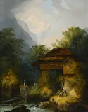 Chalet au bord d'une rivière animée by Carl Franz Rudolf Volmar, 1838, huile sur toile, sold Dec 2024