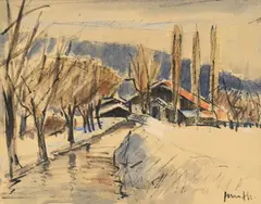 Walter Mafli, Paysage enneigé, aquarelle et pastel sur papier