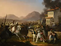Hippolyte Lecomte, Bédouins attaquant des migrants européens, huile sur toile