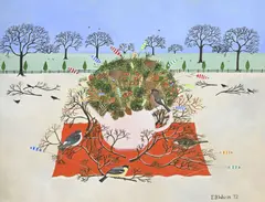 E.B. Watts, Théière rose aux passereaux, 1972, gouache et aquarelle sur papier