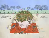 E.B. Watts, Théière rose aux passereaux, 1972, gouache et aquarelle sur papier