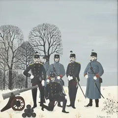Maria Palatini, Soldats dans un paysage d'hiver, 1979, huile sur pavatex