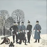 Maria Palatini, Soldats dans un paysage d'hiver, 1979, huile sur pavatex