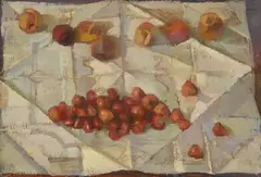 Strawberries and peaches by Robert Organ, 1985, huile sur toile, sold Dec 2024