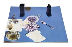 Daniel Spoerri, Sans titre, 1973, Table pliée [ La selle sur le bied ], technique mixte, collage