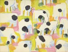 Samuel Buri, Les vaches, 1972, technique mixte sur papier
