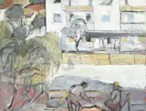 Nadia Benois, Scène de rue, huile sur panneau