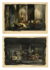 Nadia Benois, Etude pour un décor de théâtre, 2 encres et aquarelles sur carton