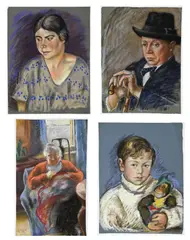 Portraits (Ustinov enfant, Ustinov père, portrait d'une femme et portrait d'une vieille dame) by Nadia Benois, lot de 4 pastels sur papier, sold Dec 2024