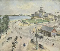 Nadia Benois, Ville côtière, huile sur toile