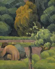 Hommes jardinant by Casimir Reymond, huile sur toile, sold Dec 2024