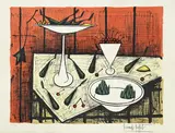 Bernard Buffet, Nature morte au fond rouge, 1984, lithographie en couleurs