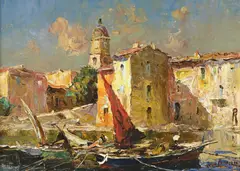 Merio Ameglio, Vue du port de Martigues, huile sur toile