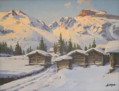 Jacques Simon, Chalets enneigés à Ober-Mürren, huile sur toile