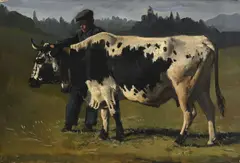 Albert Lugardon, Vache et vacher dans un paysage, huile sur papier marouflé sur toile