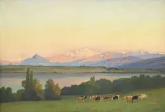 Edouard Metton, Vaches paissant au coucher du soleil, huile sur toile