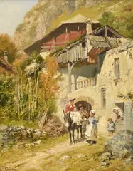 Adolphe Grison, Rue de village animée, huile sur panneau