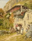 Adolphe Grison, Rue de village animée, huile sur panneau