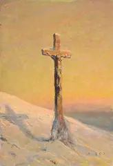 Albert H. Gos, Croix de calvaire enneigée, huile sur toile
