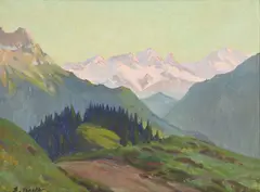 Ernest Becker, Crépuscule sur la chaîne du Mont-Blanc depuis la station de Bretaye, 1946, huile sur carton toilé