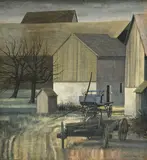 Jean-Louis Tinguely, Granges et chars à Epagny, 1966, huile sur toile de jute