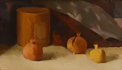 Gérard de Palézieux, Nature morte aux grenades, huile sur toile marouflée sur panneau