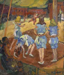 Charles Clément, Filles dans une air de jeu (recto) et Femmes dans un champ (verso), 1918, huile sur toile