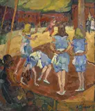 Charles Clément, Filles dans une air de jeu (recto) et Femmes dans un champ (verso), 1918, huile sur toile
