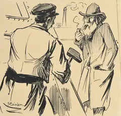 Sans titre by Théophile Steinlen, Deux hommes sur un chantier, encre de Chine sur papier, sold Sep 2024