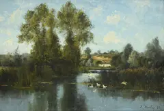 L'écluse à Montigny by Pierre Ernest Ballue, 1882, huile sur toile, sold Sep 2024