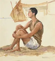 Sans titre by Carlo Romagnoli, 1929, Jeune homme sur la plage, huile sur carton toilé, sold Sep 2024