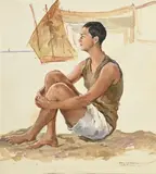 Carlo Romagnoli, Sans titre, 1929, Jeune homme sur la plage, huile sur carton toilé