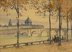 Vue de l'Hôtel Dieu by Marthe Chambard-Villon, 1939, aquarelle et fusain sur papier, sold Sep 2024