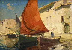 Louis Bonamici, Barque et pêcheur, huile sur panneau