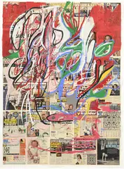 Elliott Hundley, 5.1.20.1, 2020, bâton à l'huile et collage sur papier journal