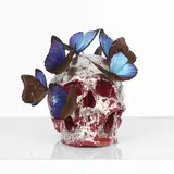 Philippe Pasqua, Vanité, sculpture en technique mixte (résine, feuilles d'argent et papillons) dans un emboîtage et une colonne en plexiglas blanc