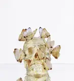Philippe Pasqua, Vanité, sculpture en technique mixte (résine, feuilles d'or et papillons) dans un emboîtage plexiglas et une colonne effet miroir