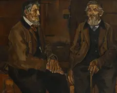 Raphy Dallèves, Les deux sages, c. 1900-1905, huile sur toile dans un encadrement réalisé par l'artiste