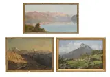 Eugène Etienne Sordet, Paysages alpestres, 1864, ensemble de 3 huiles sur carton dont une marouflée sur toile,signées