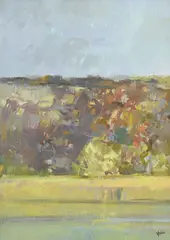 Emil Aebischer Yoki, Sarine en automne, huile sur toile marouflée sur pavatex