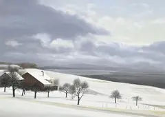 Claude Sauthier, Sans titre, Vue sur le lac depuis le pied du Jura, huile sur panneau