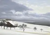 Claude Sauthier, Sans titre, Vue sur le lac depuis le pied du Jura, huile sur panneau
