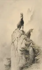 Xavier de Poret, Au pays du Chamois, pierre noire et crayon de couleurs sur papier