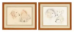 François de Poret, Etudes de têtes de labrador, 1989, paire de pastels et fusain sur papier
