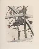 Robert Hainard, Merle dans l'églantier, 1996, bois gravé couleur